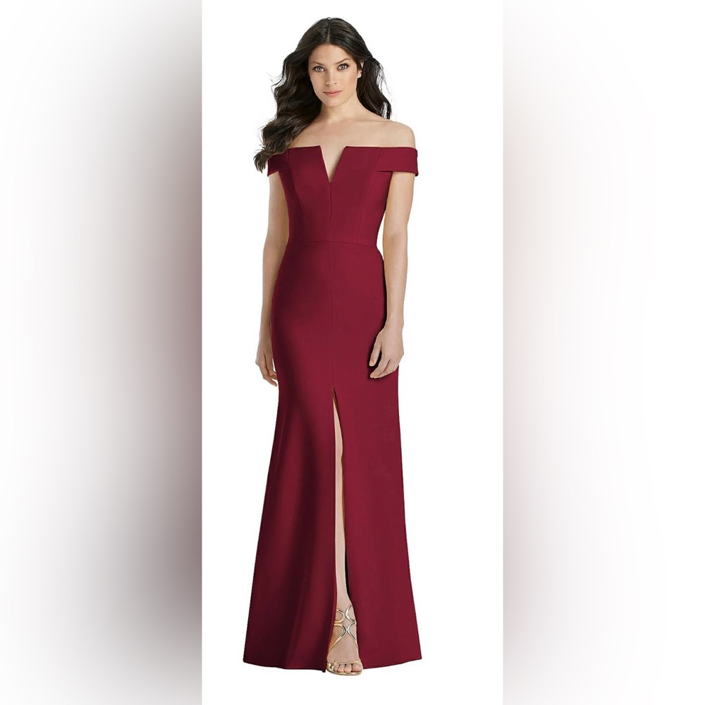 Dessy Collection Burgundy Off-The-Shoulder Notch Trumpet Gown Size 12 NWT